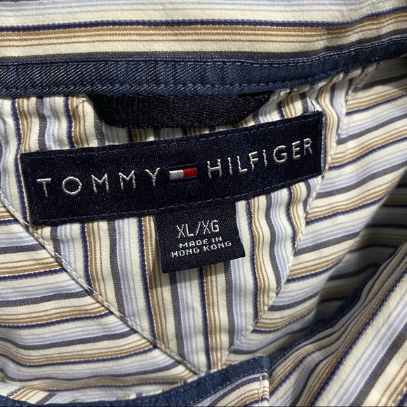 Tommy Hilfiger Blue Tan Striped Cotton Button Up Shirt - Picture 4 of 5